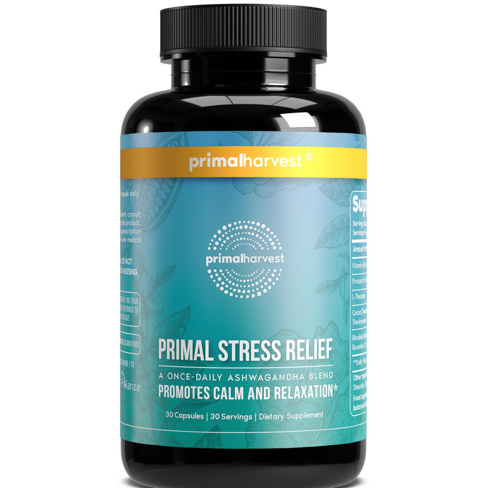 Primal Harvest Stress Relief bottle front showing a simple daily calm option.