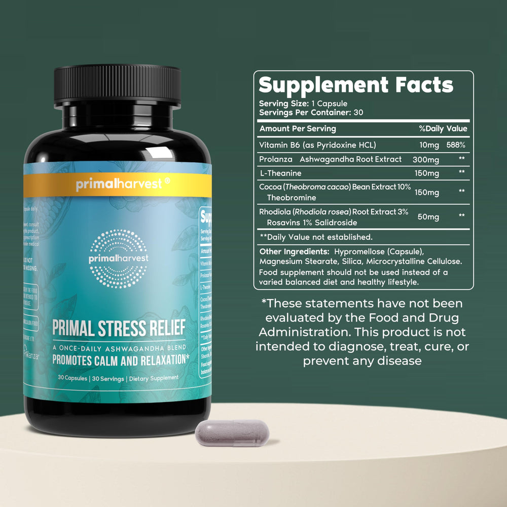 Primal Harvest Stress Relief capsules closeup highlighting easy, daily intake.
