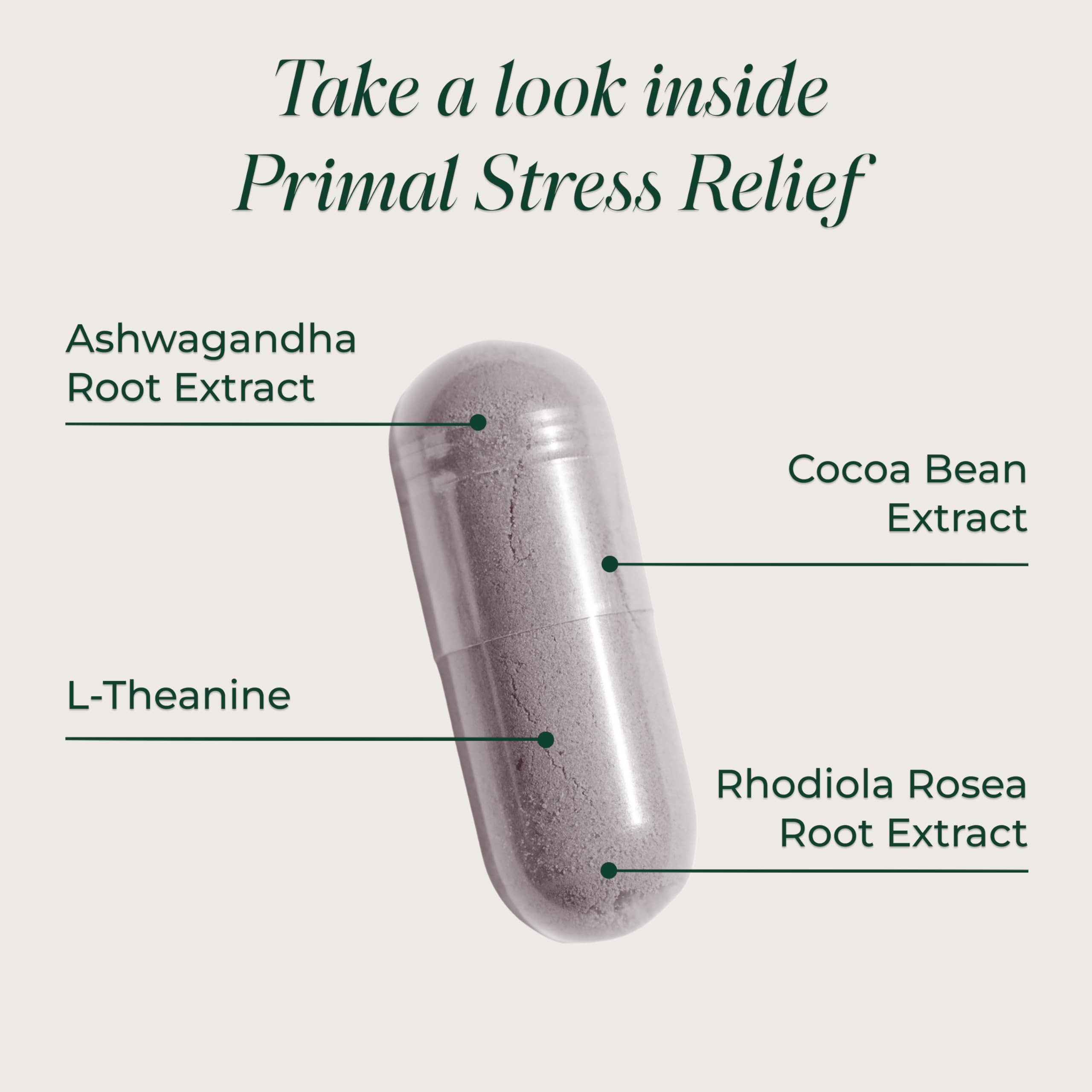 Primal Harvest Stress Relief label detail with gluten-free and vegan-friendly formulation.