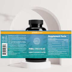 Primal Harvest Stress Relief packaged box suggests a complete wellness routine.