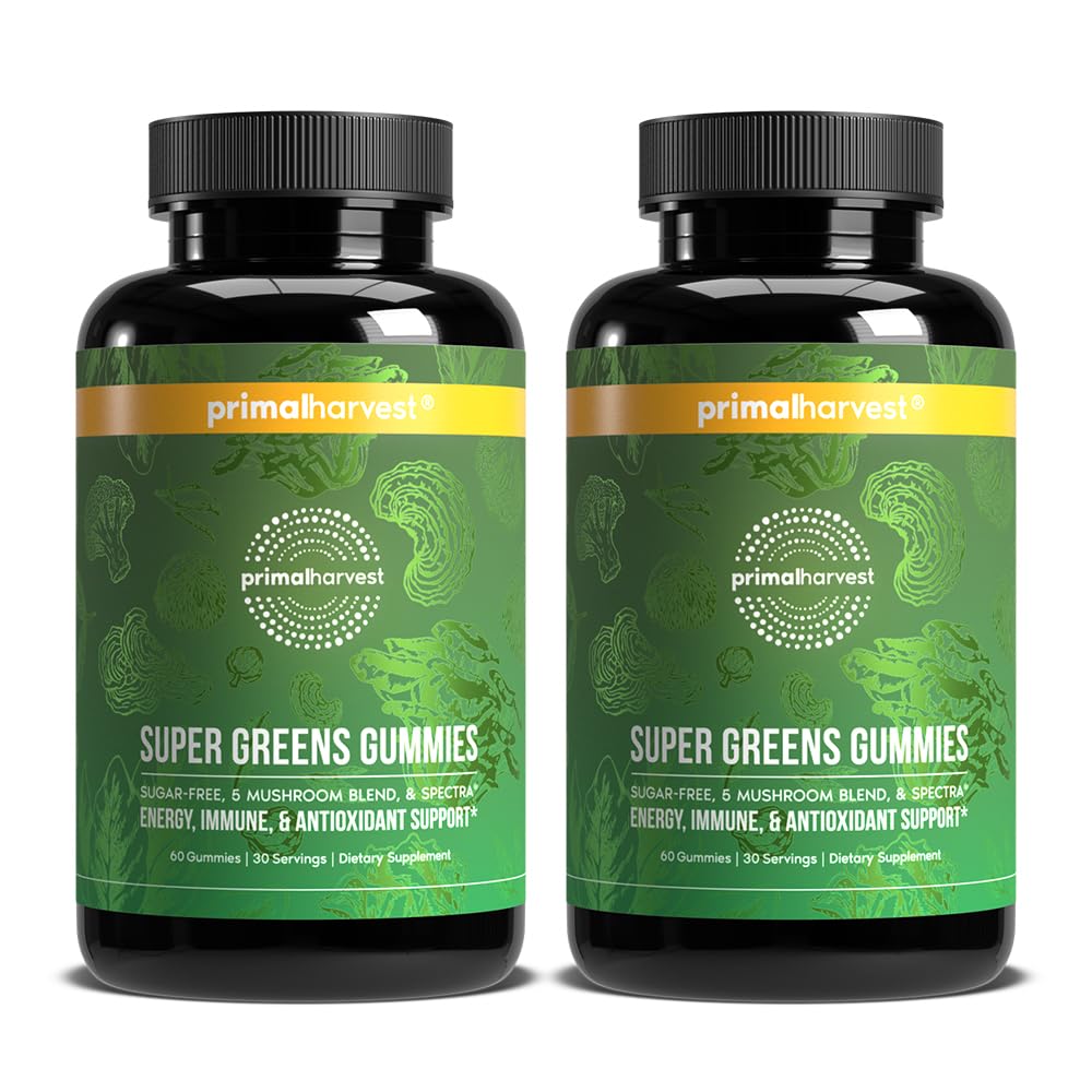 Primal Harvest Super Greens Gummies in a berry bottle for daily energy support.
