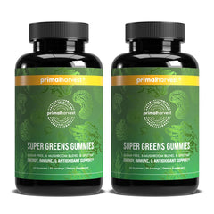 Primal Harvest Super Greens Gummies in a berry bottle for daily energy support.