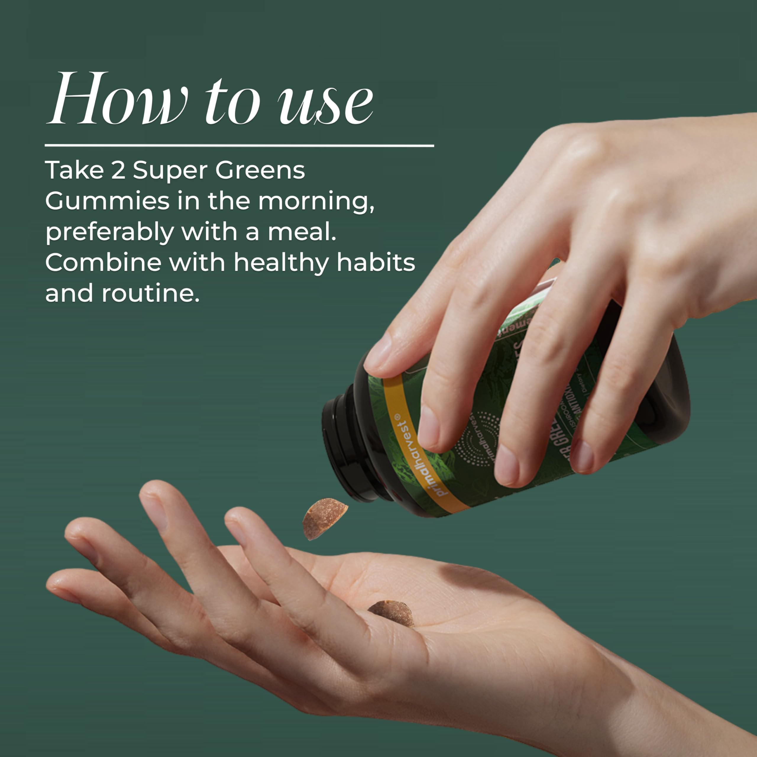 Primal Harvest Super Greens Gummies packaging close-up showing vegan and clean ingredients
