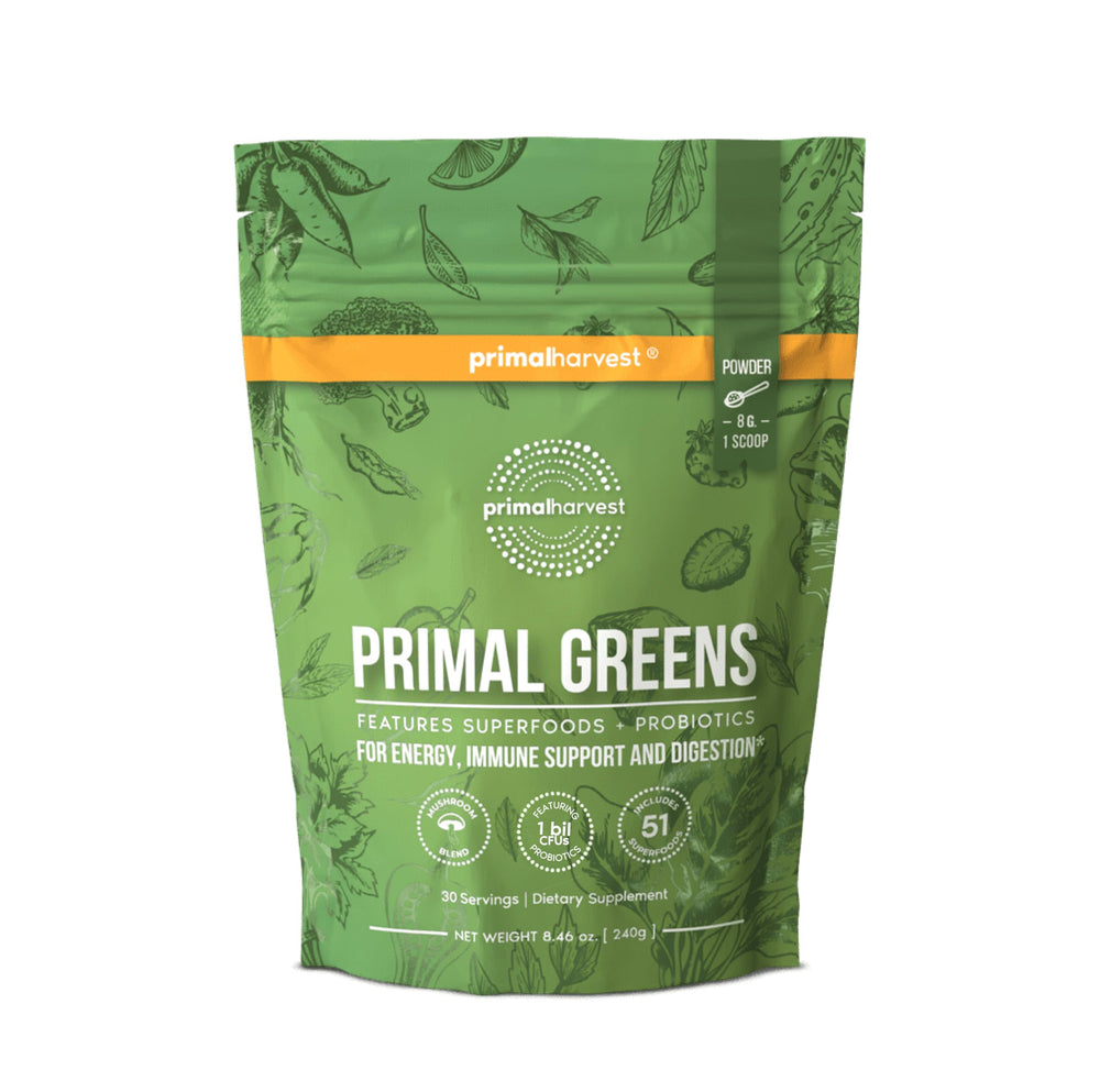 Primal Harvest Super Greens Powder tub, daily wellness and energy support.