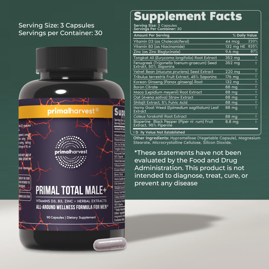 Primal Harvest Total Male+ bottle label highlights vitamins and minerals for men