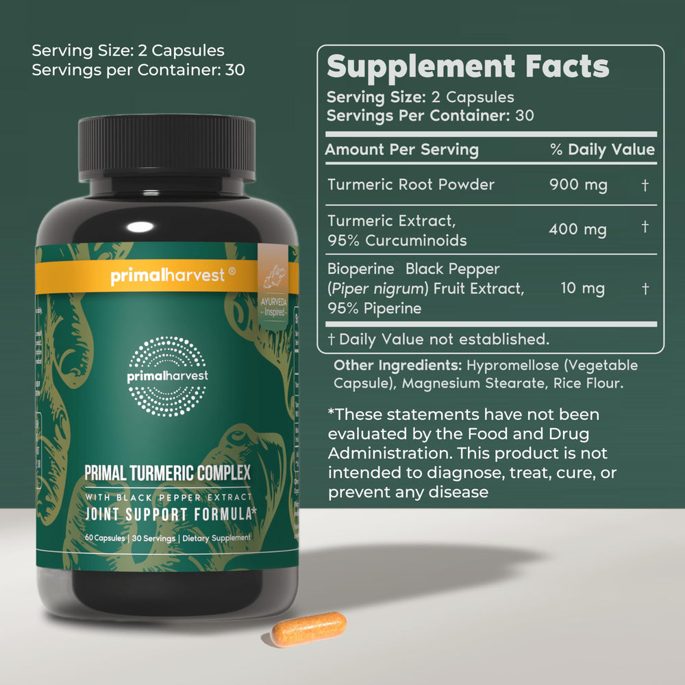 Close-up of Primal Harvest Turmeric Complex capsules for daily dosage.