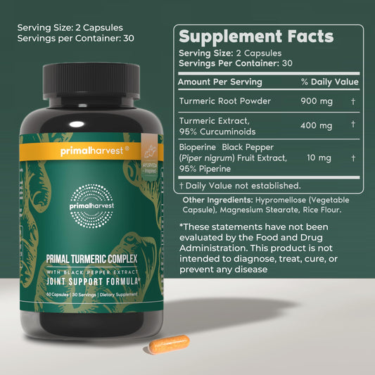 Close-up of Primal Harvest Turmeric Complex capsules for daily dosage.