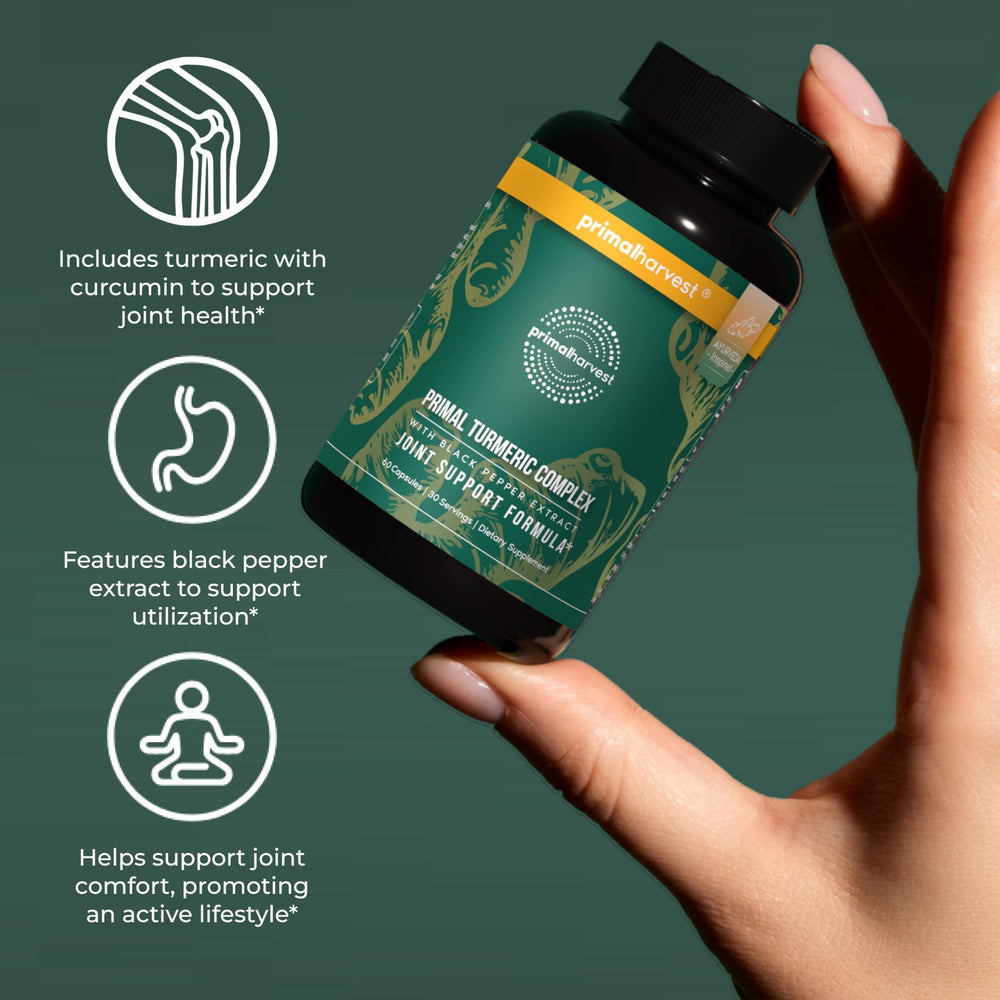 Serving suggestion on Primal Harvest turmeric complex packaging.