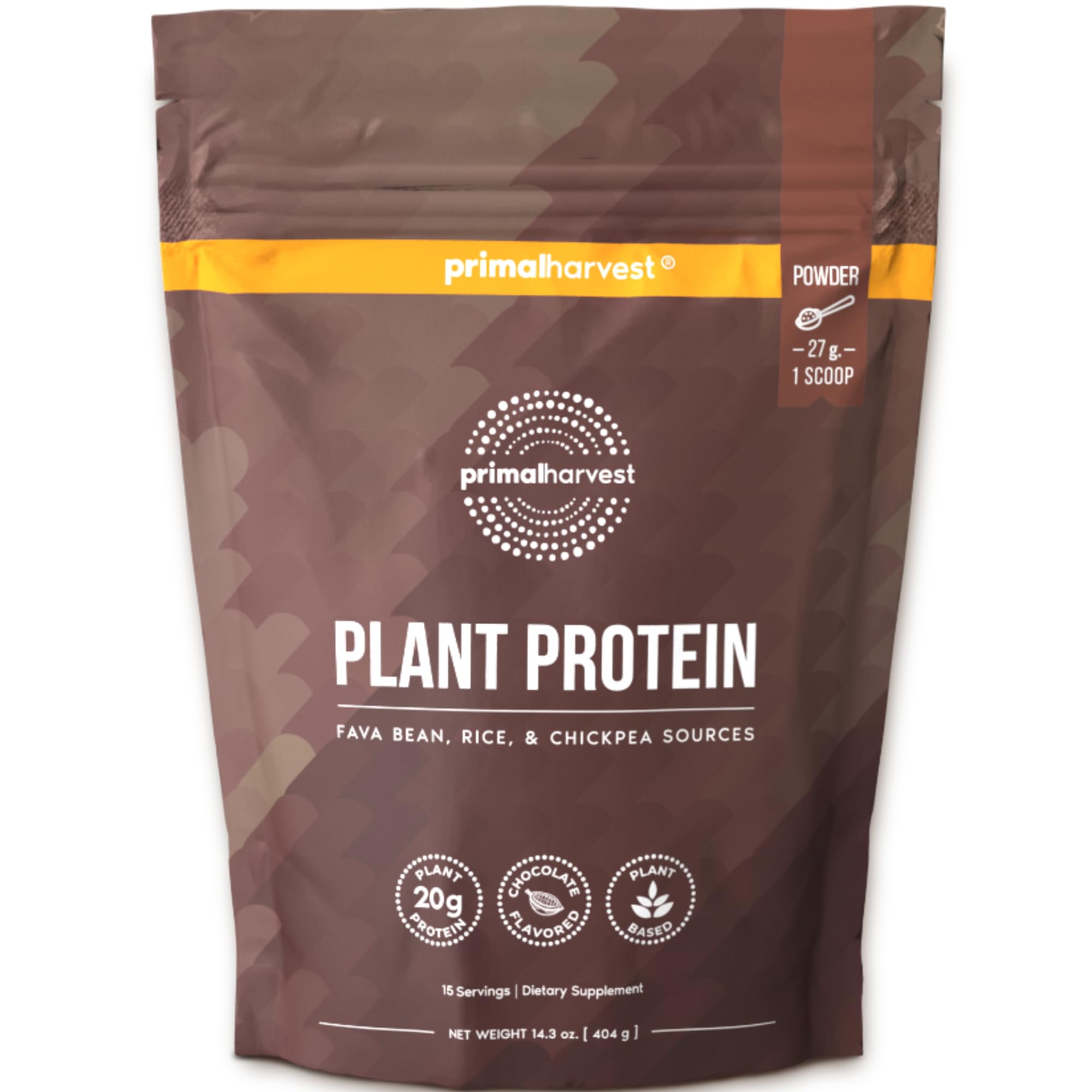 Primal Harvest vegan chocolate protein powder bag open, convenient scooping for quick protein boosts.