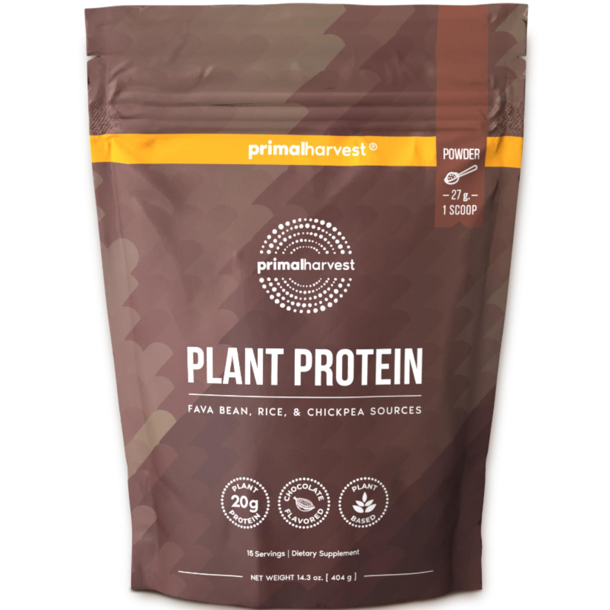 Primal Harvest vegan chocolate protein powder bag open, convenient scooping for quick protein boosts.