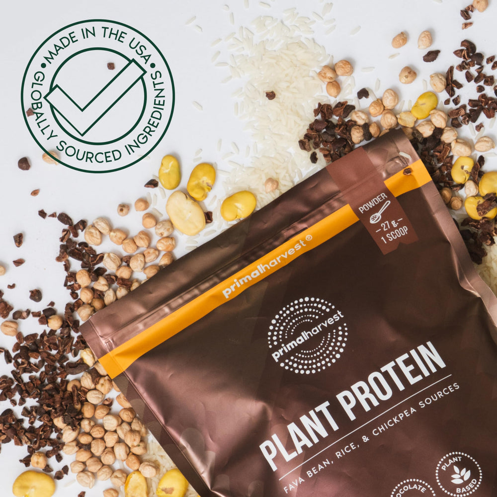 Primal Harvest vegan chocolate protein powder close-up, gluten-free and soy-free protein option.