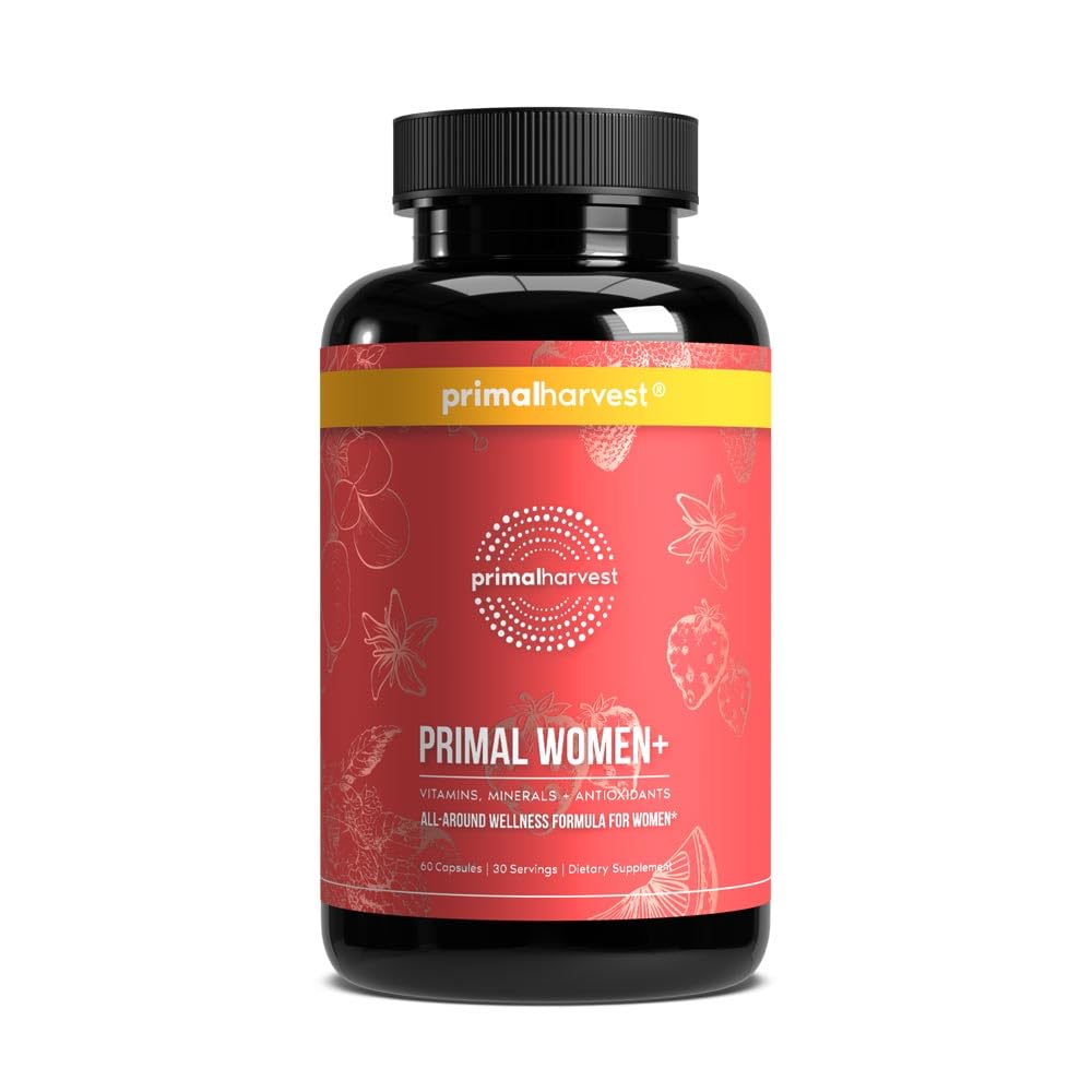 Primal Harvest Women+ bottle in focus for daily energy and overall wellness.
