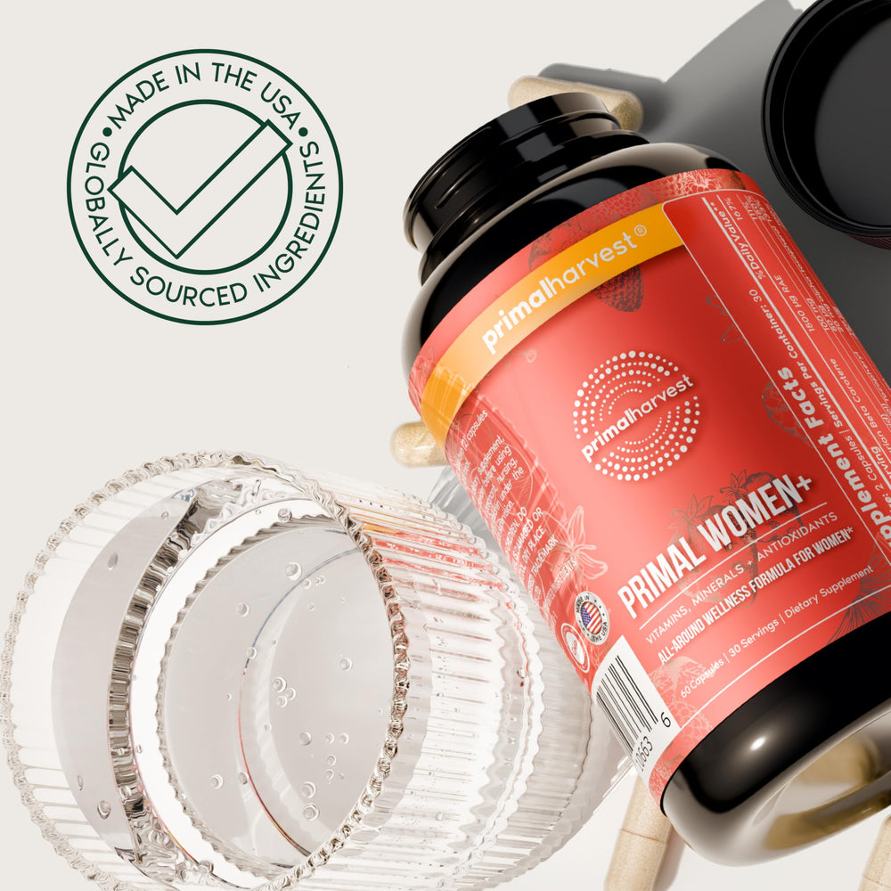 Primal Harvest Women+ made in USA packaging signaling quality.
