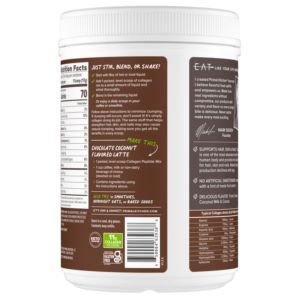 Primal Kitchen Chocolate Collagen Fuel ready to stir into shakes for velvety chocolate.
