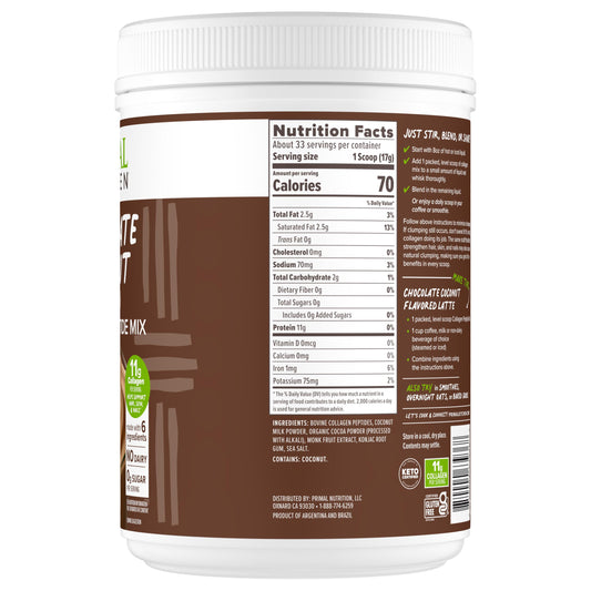 Primal Kitchen Chocolate Collagen Fuel powder shown with milk, ideal dairy-free mix.