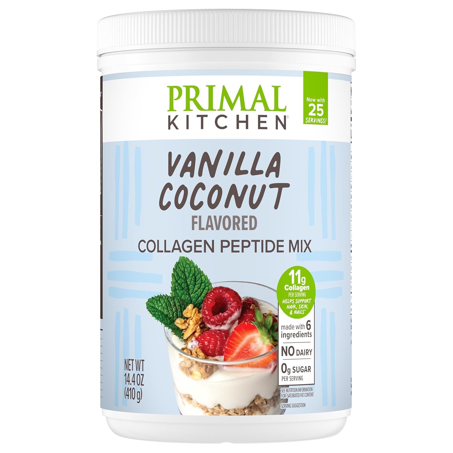 Primal Kitchen collagen chocolate coconut powder tub ideal for creamy smoothies.