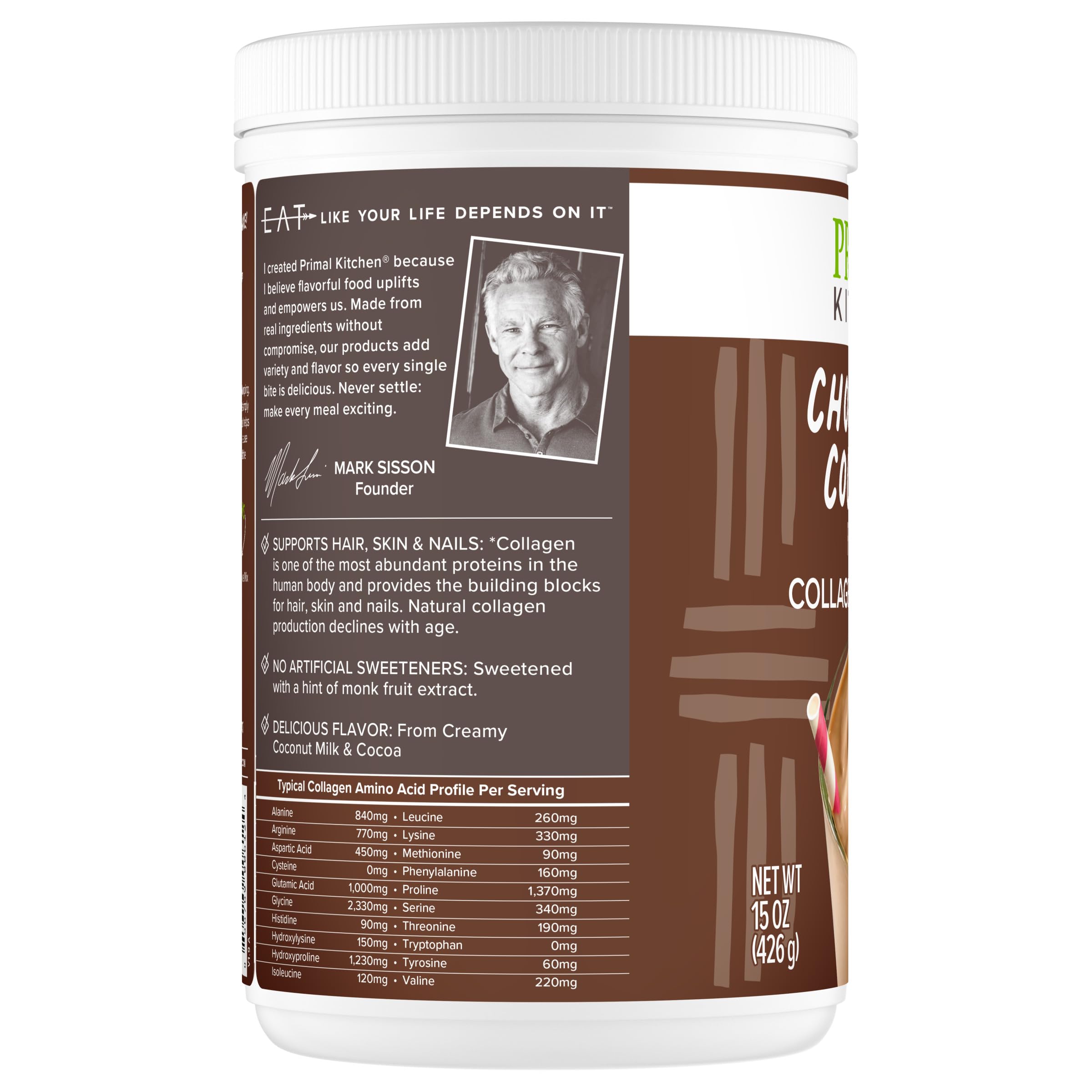 15 oz tub of Primal Kitchen Collagen Fuel Chocolate Coconut keeps pantry stocked