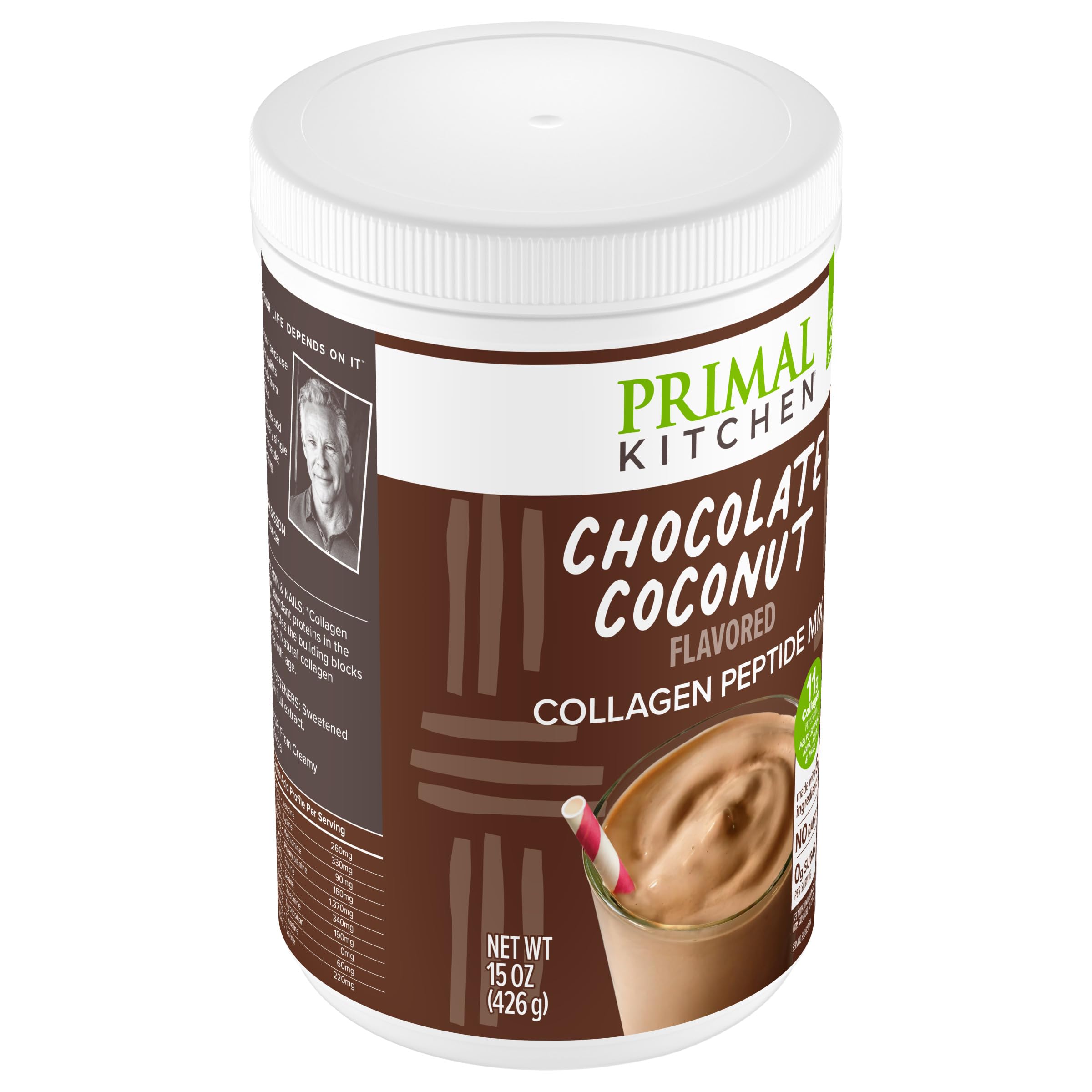 Mixing Primal Kitchen Collagen Fuel Chocolate Coconut into smoothie for extra protein