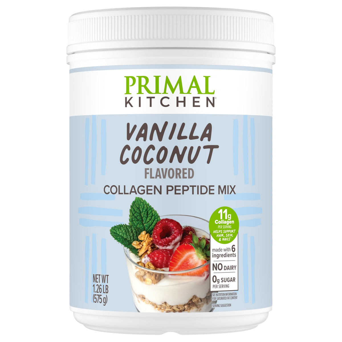 Primal Kitchen Vanilla Coconut Collagen Fuel powder tub for creamy texture and flavor