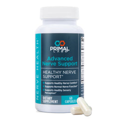 Primal Labs Advanced Nerve Support bottle displays the full supplement for nervous system vitality.