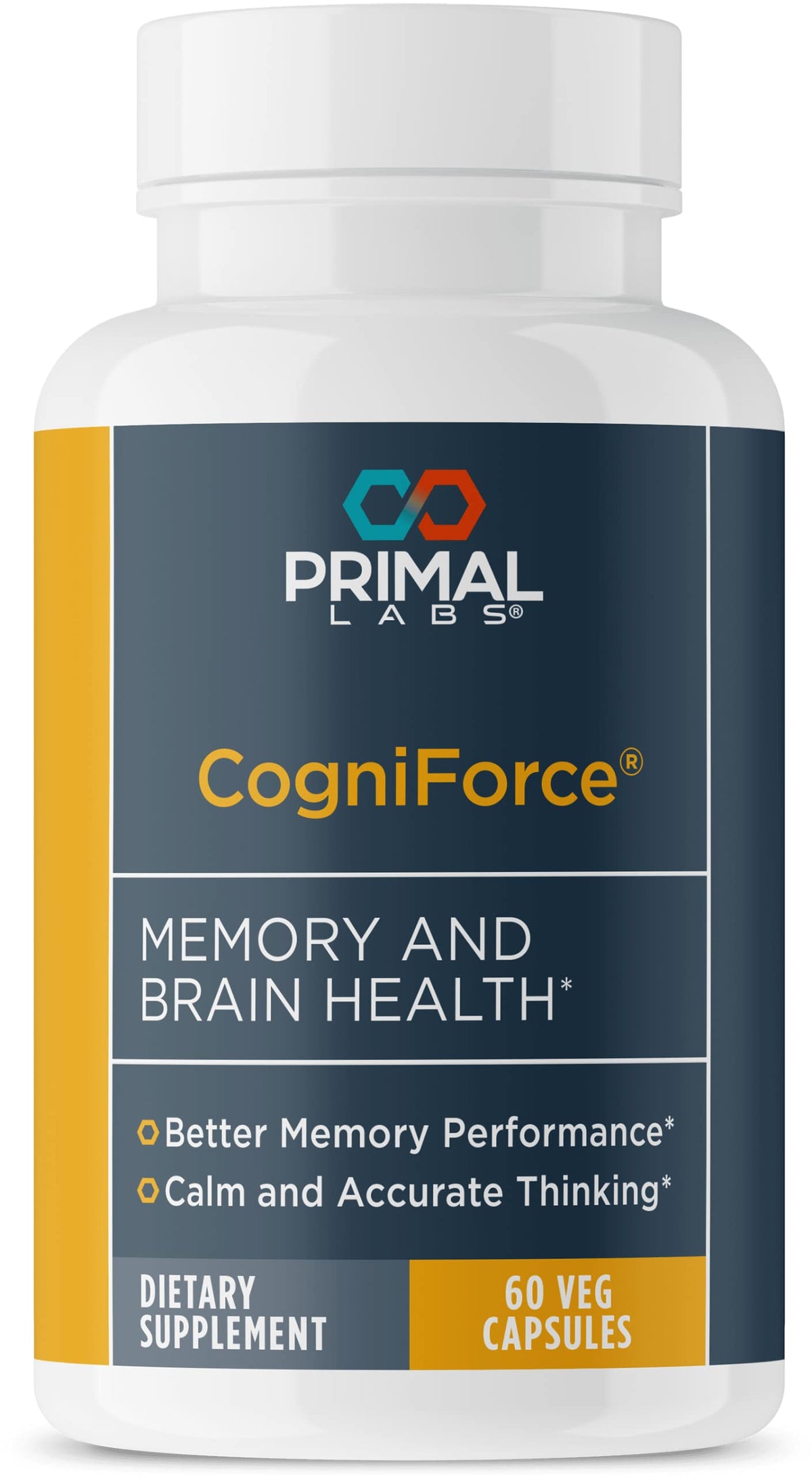 Primal Labs CogniForce bottle front view highlighting brain health and focus potential.