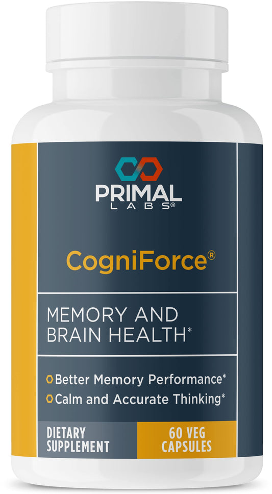 Primal Labs CogniForce bottle front view highlighting brain health and focus potential.