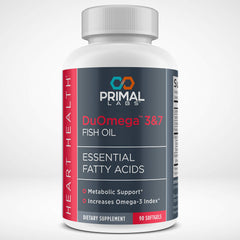 Primal Labs DuOmega bottle front, ultra-pure Omega-3 and Omega-7 for daily wellness