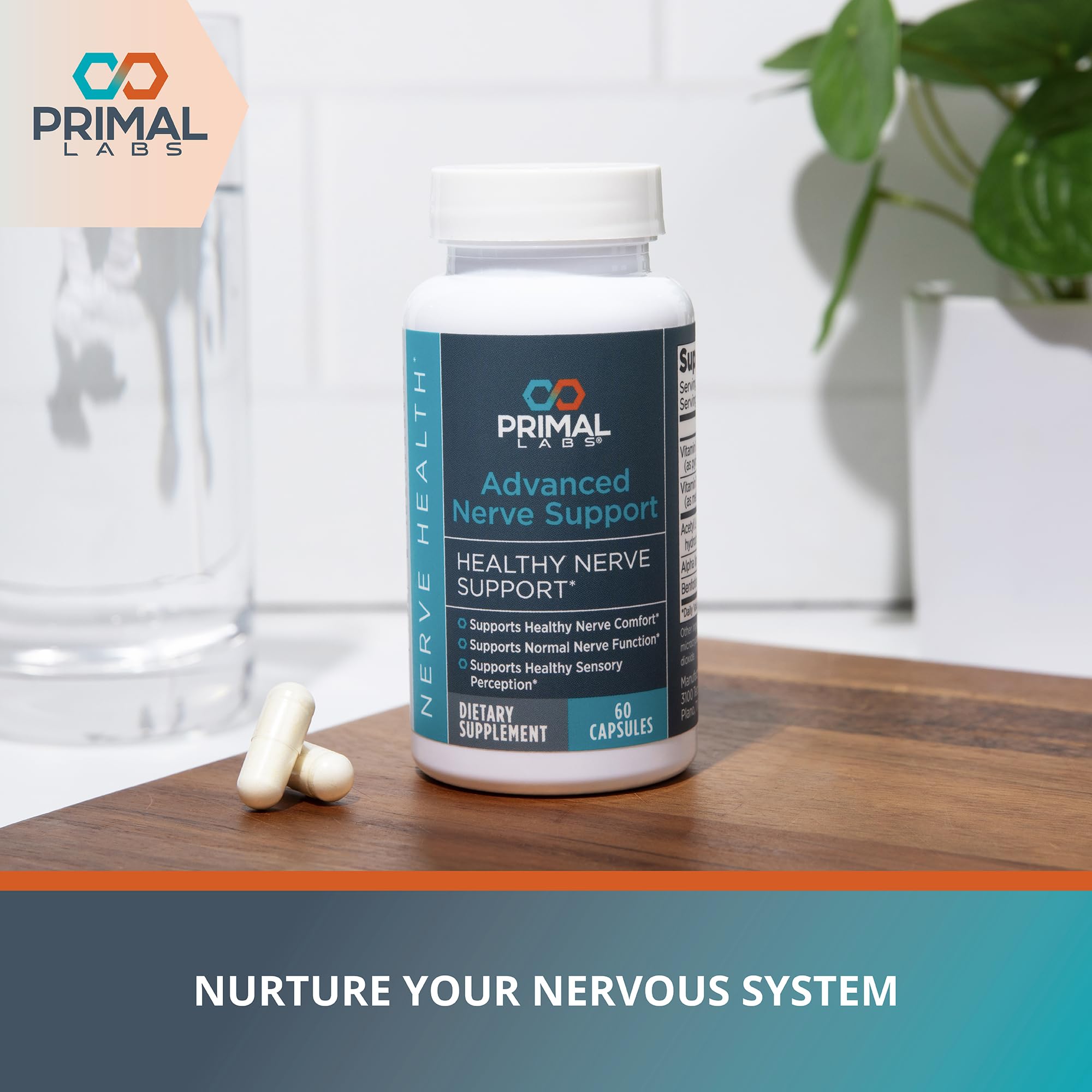 Primal Labs Nerve Support tablets close-up emphasizes compact dose for daily nerve care.