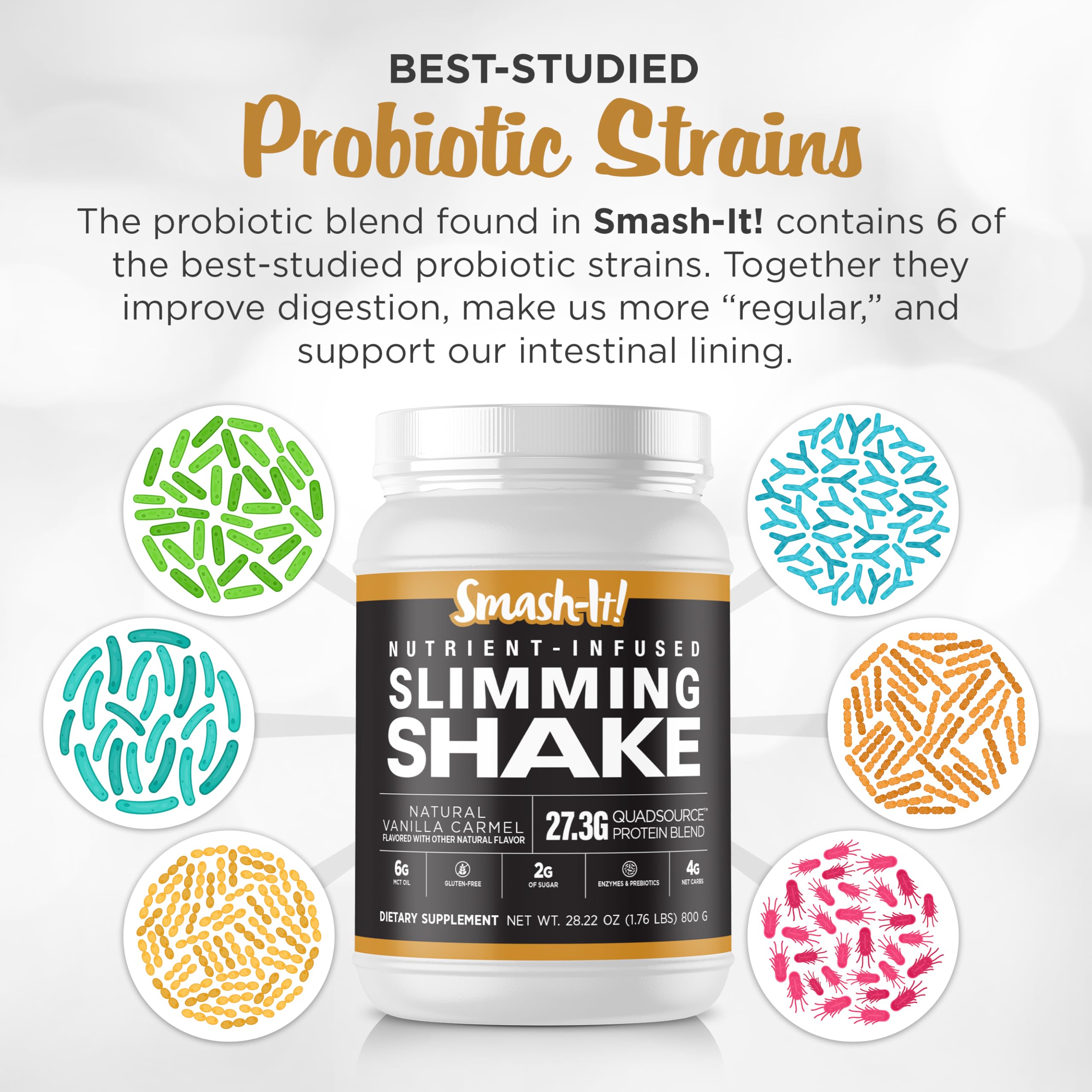 Close-up of Smash-It vanilla powder with gluten-free label and clean ingredients