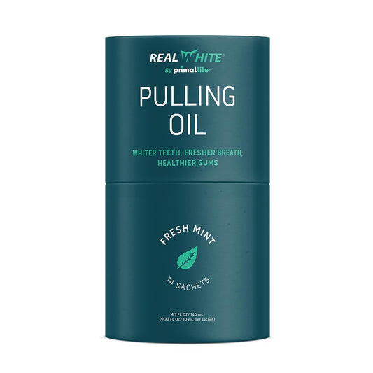 Primal Life Organics Real White Pulling Oil sachets for convenient pre-brush care