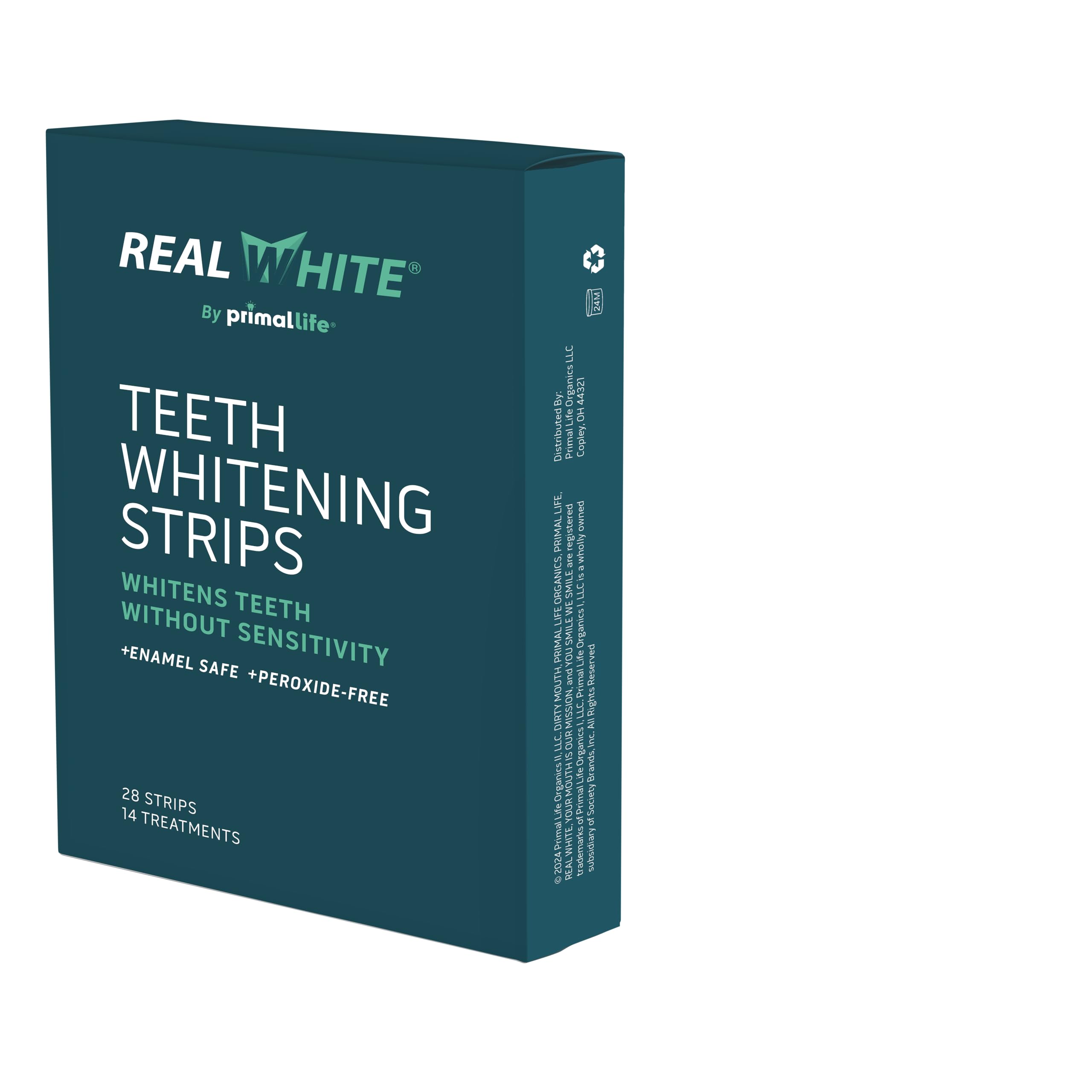 Primal Life Organics Real White Strips box, easy at-home whitening kit.
