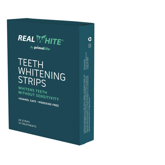 Primal Life Organics Real White Strips box, easy at-home whitening kit.