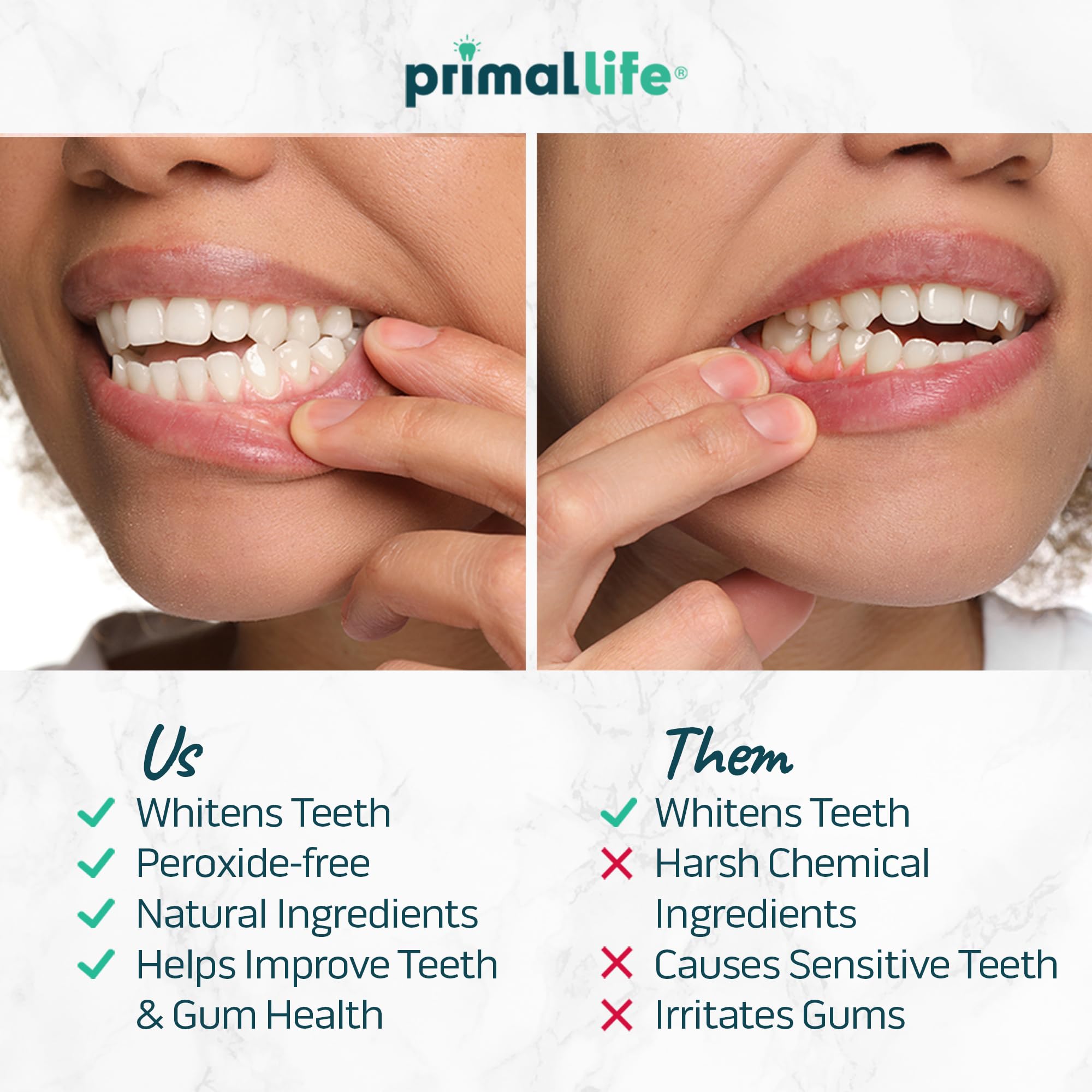 Primal Life Organics Real White Strips gel side applied to teeth for easy placement.