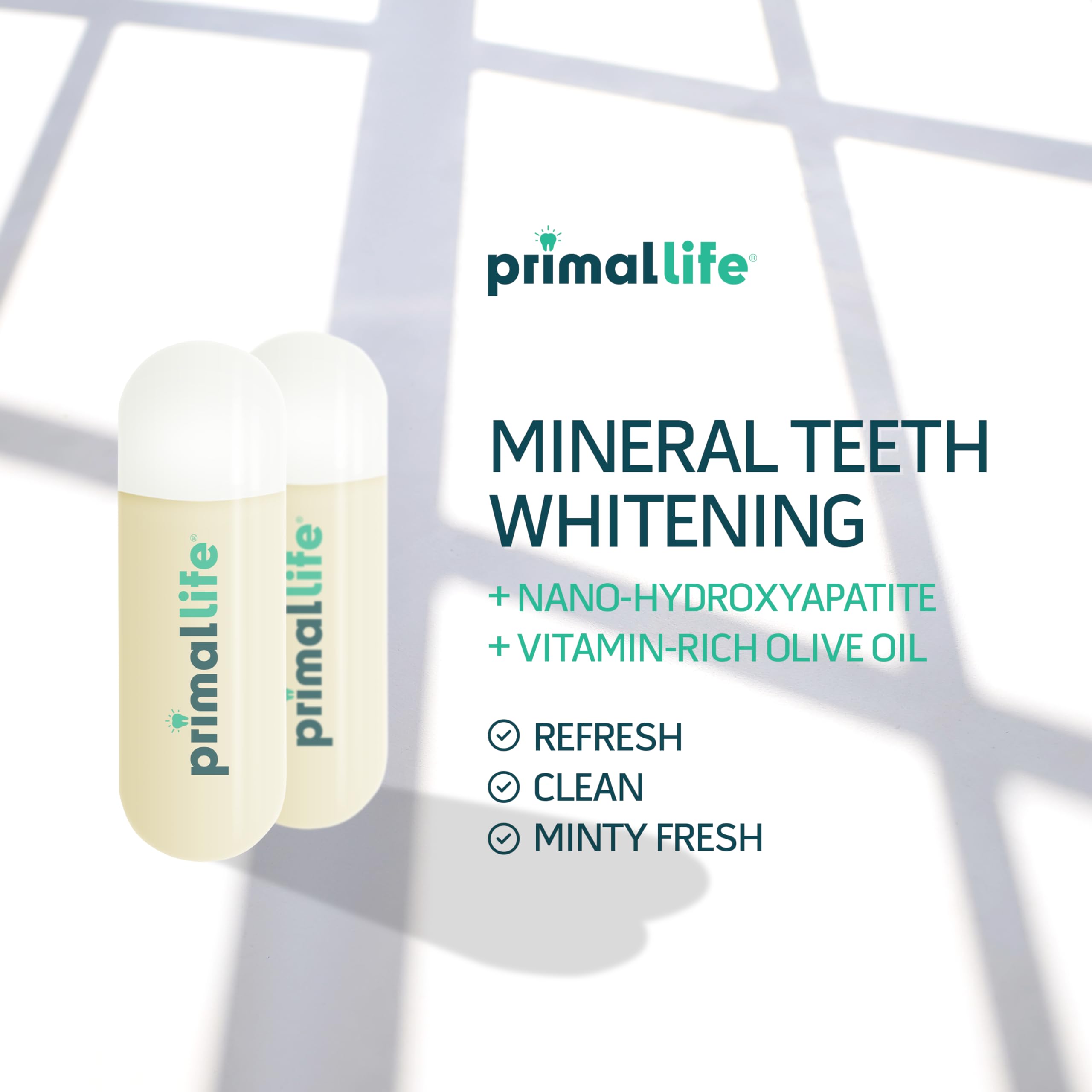 Real White gel pods in pack highlighting natural ingredients for whitening