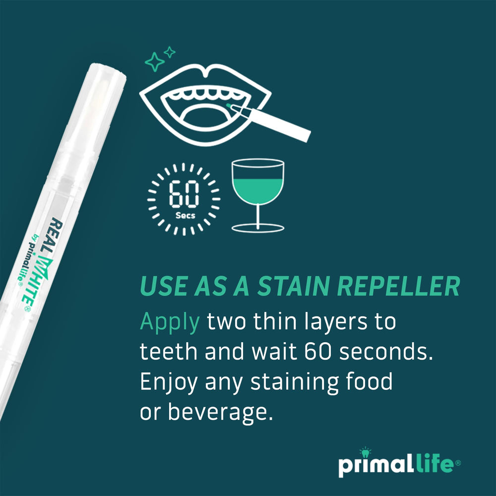 Primal Life Organics Real White Teeth Whitening Pens before-after example showing stain reduction