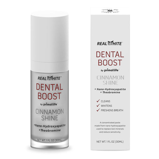 Primal Life Real White Dental Boost bottle shows eco packaging and natural whitening.