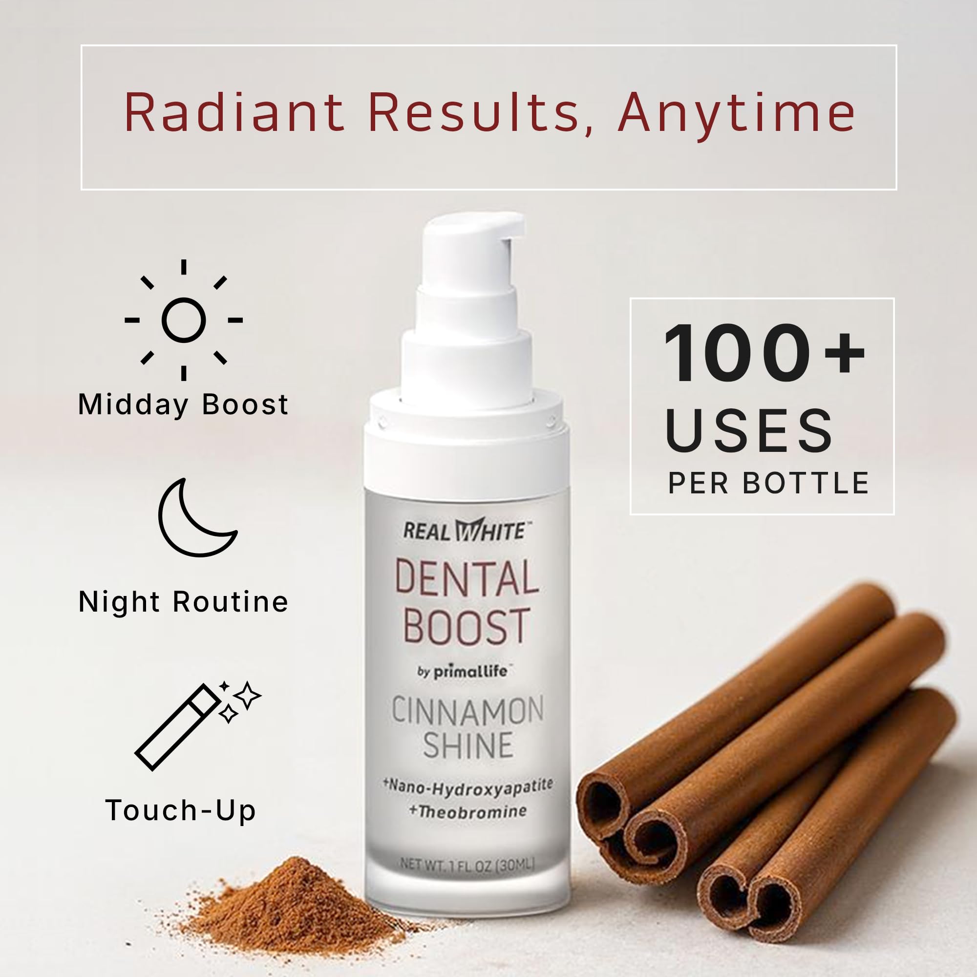 Primal Life Real White Dental Boost on brush demonstrates easy two-minute routine.