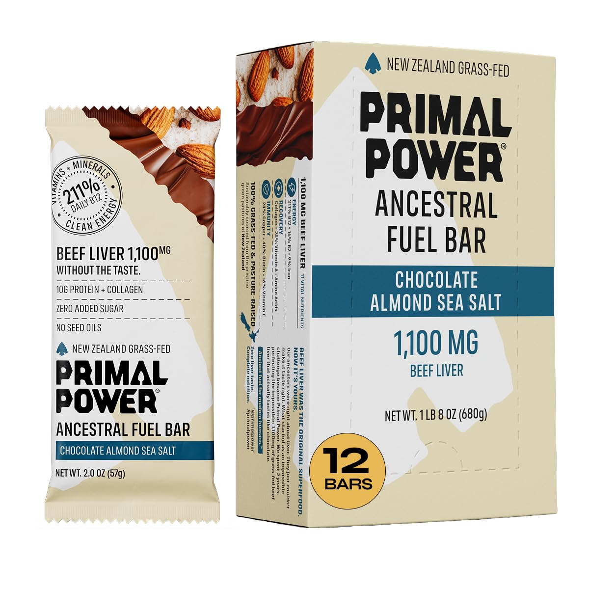 Primal Power Beef Liver Bar 1100mg front view, convenient nutrient-dense energy for workouts.