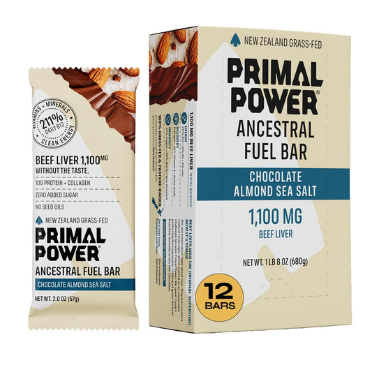 Primal Power Beef Liver Bar 1100mg front view, convenient nutrient-dense energy for workouts.