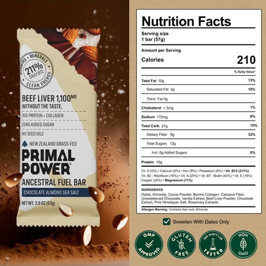 Primal Power Beef Liver Bar 1100mg ingredients close-up reveals chocolate and dates masking liver flavor.