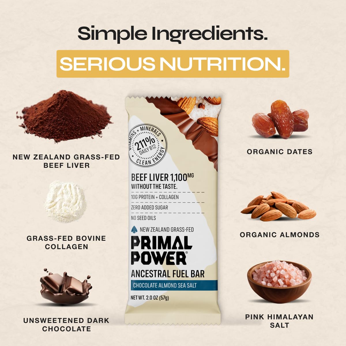 Primal Power Beef Liver Bar 1100mg New Zealand origin, grass-fed source.
