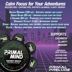 Primal Prelude caffeine-free nootropic pouches in use for steady focus.