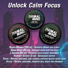 Primal Prelude Coconut Breeze pouches closeup showing discreet on-the-go use.