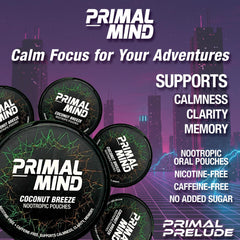 Primal Prelude nicotine-free pouch pack highlighting clean, stimulant-free option.