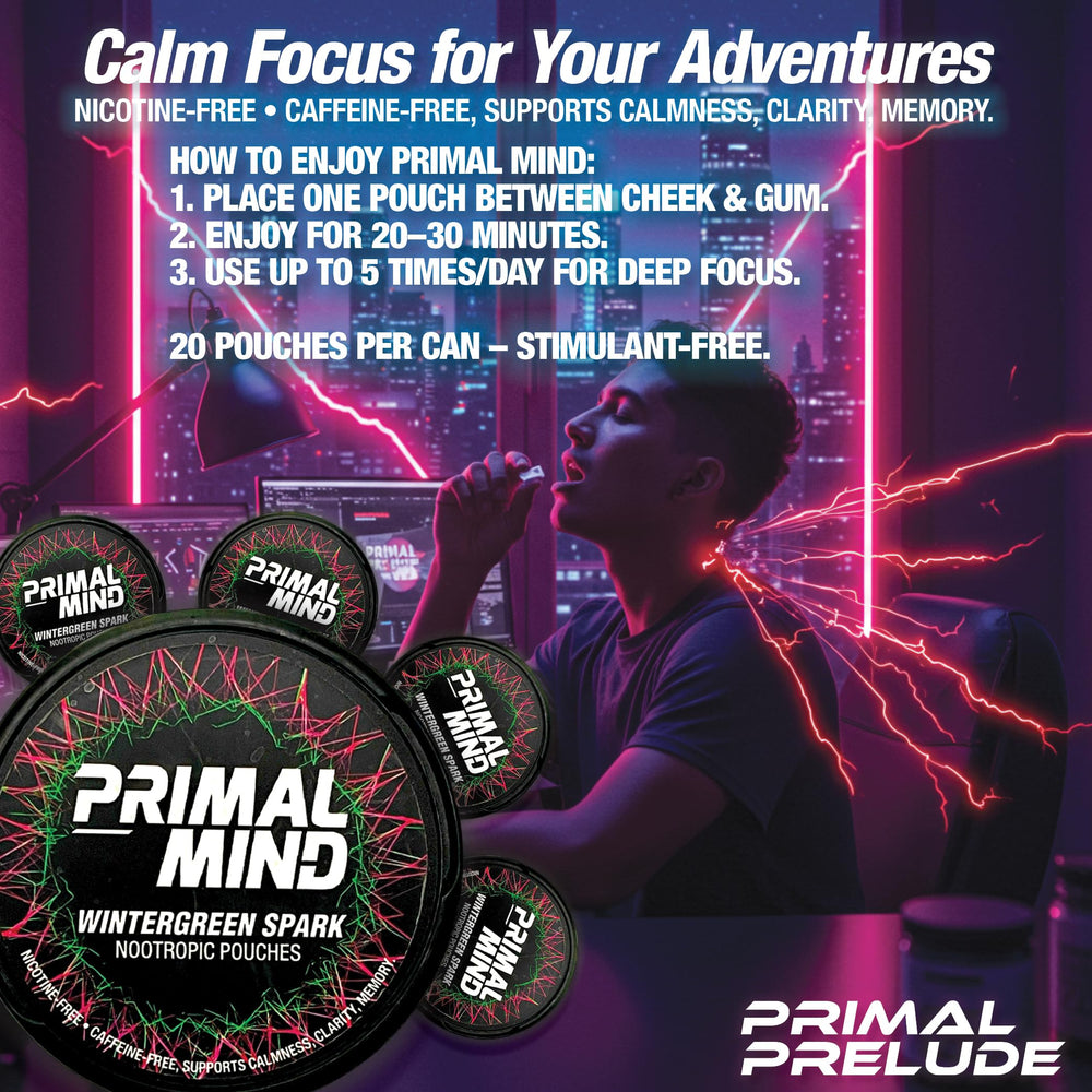 Primal Prelude on-the-go pouch use demonstrates caffeine-free focus anywhere.