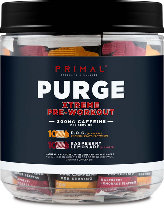 Primal Purge Xtreme variety pack box front showing on-the-go pre-workout access.