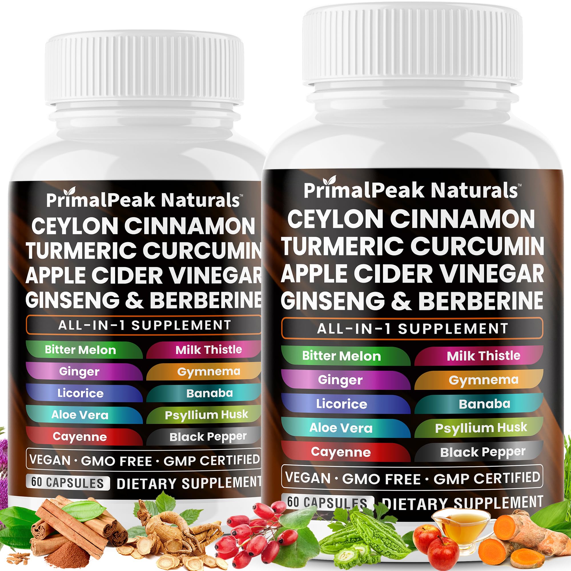 PrimalPeak Naturals ceylon cinnamon acv bottle highlights a multi-ingredient wellness blend.
