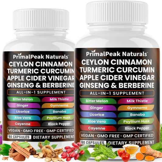 PrimalPeak Naturals ceylon cinnamon acv bottle highlights a multi-ingredient wellness blend.