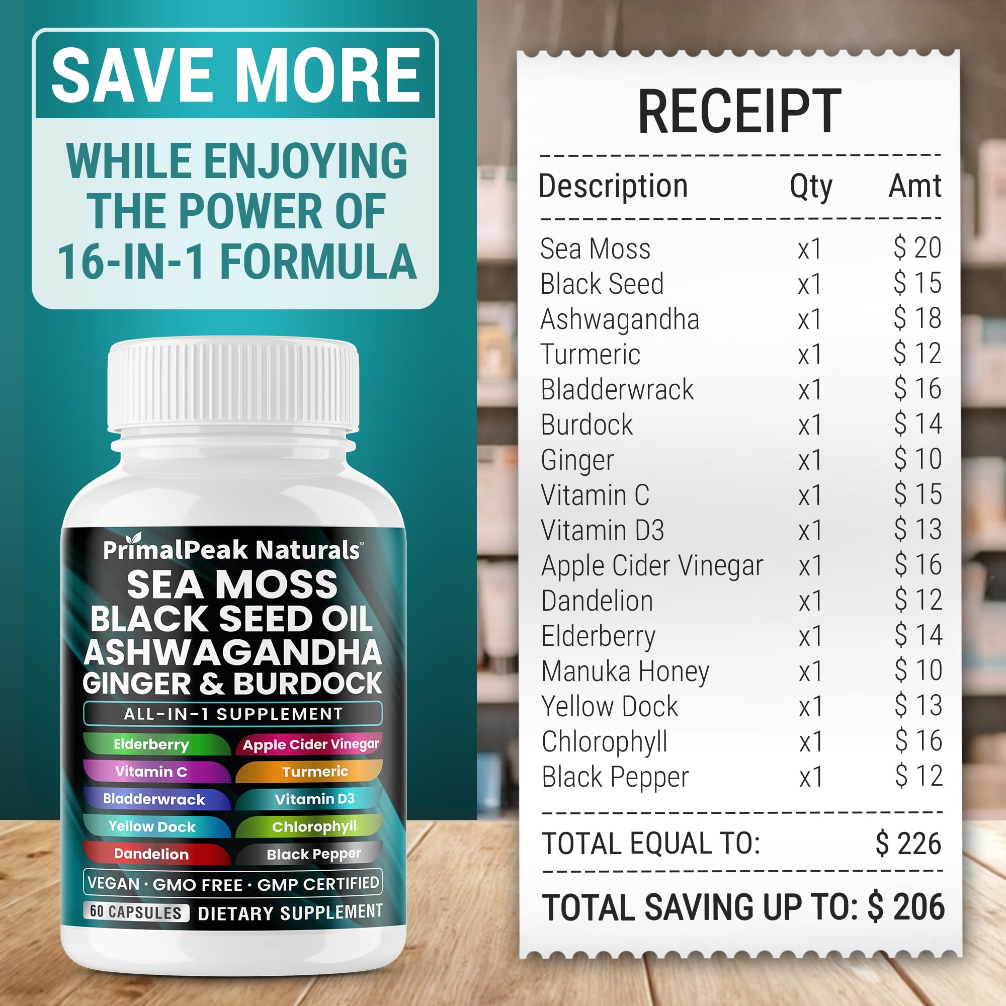 PrimalPeak Naturals 16-in-1 blend visual suggests broad wellness coverage