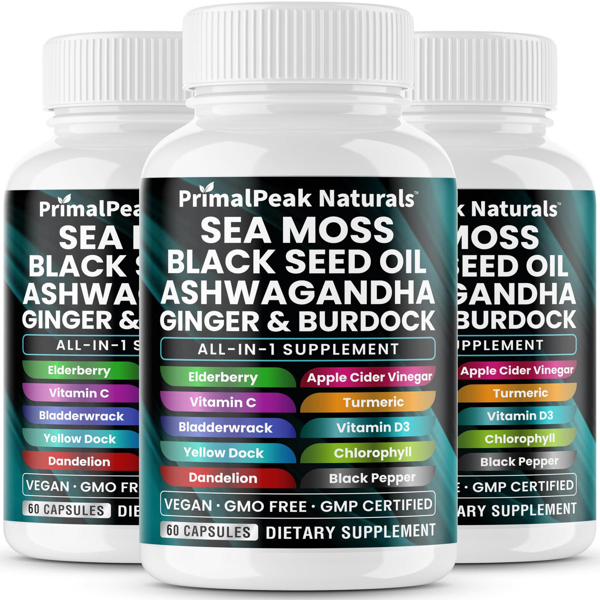 PrimalPeak Naturals sea moss bottle shows a 16-in-1 blend for daily immune wellness